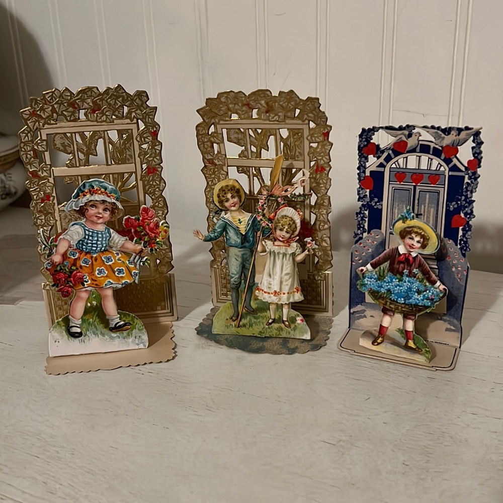 3 Antique Victorian German Die cut embossed Valentines Day fold out cards
